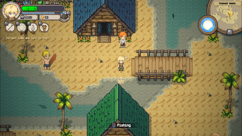 SF a video game with a couple of people standing in front of a wooden house